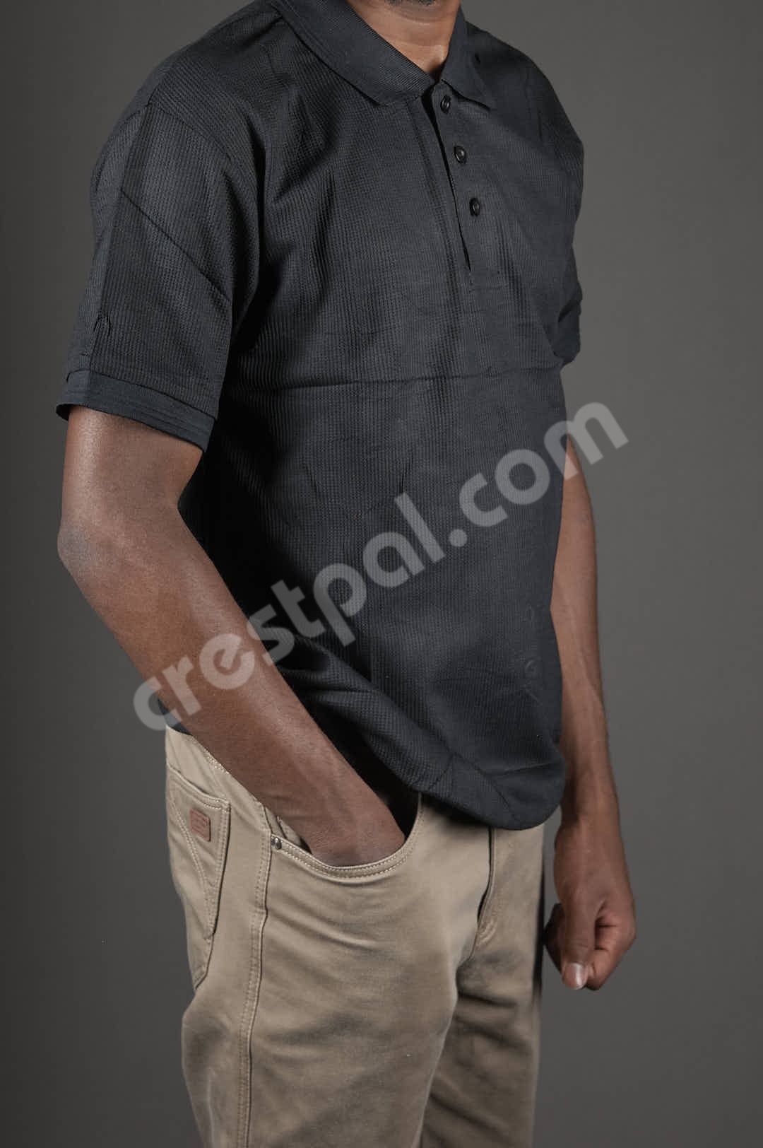 Polo Black Solid — collar and placket detail