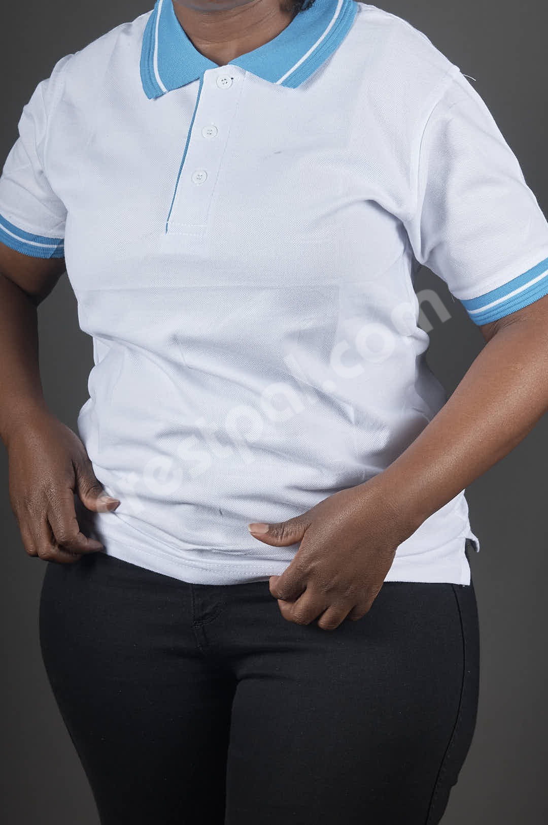 Polo White Ocean Blue Collar — collar and placket detail