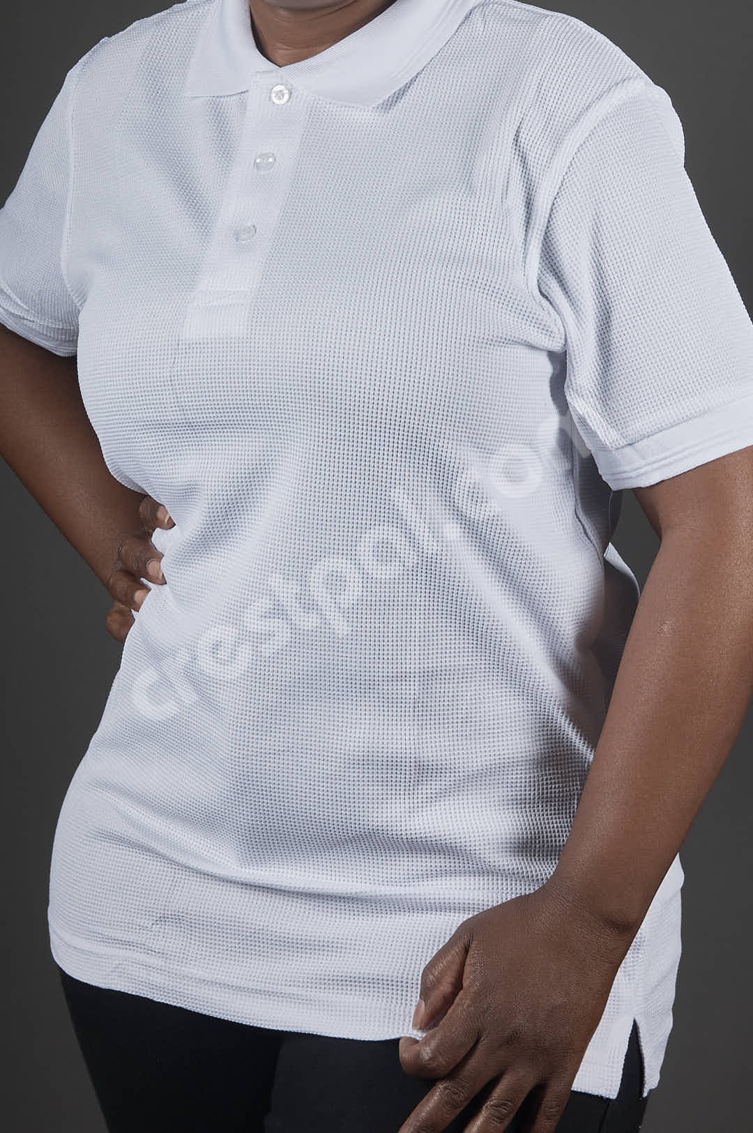 Polo White Solid — collar and placket detail